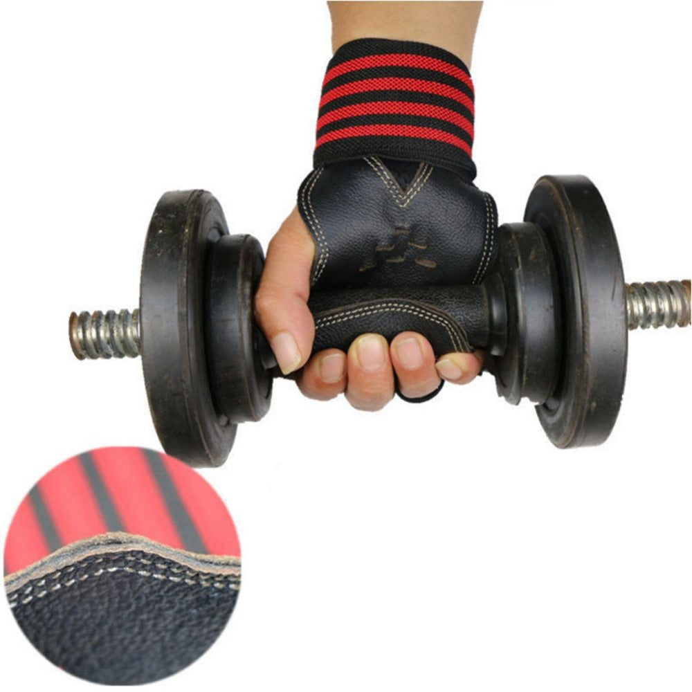 Hand wearing a black and red striped glove holding a dumbbell.