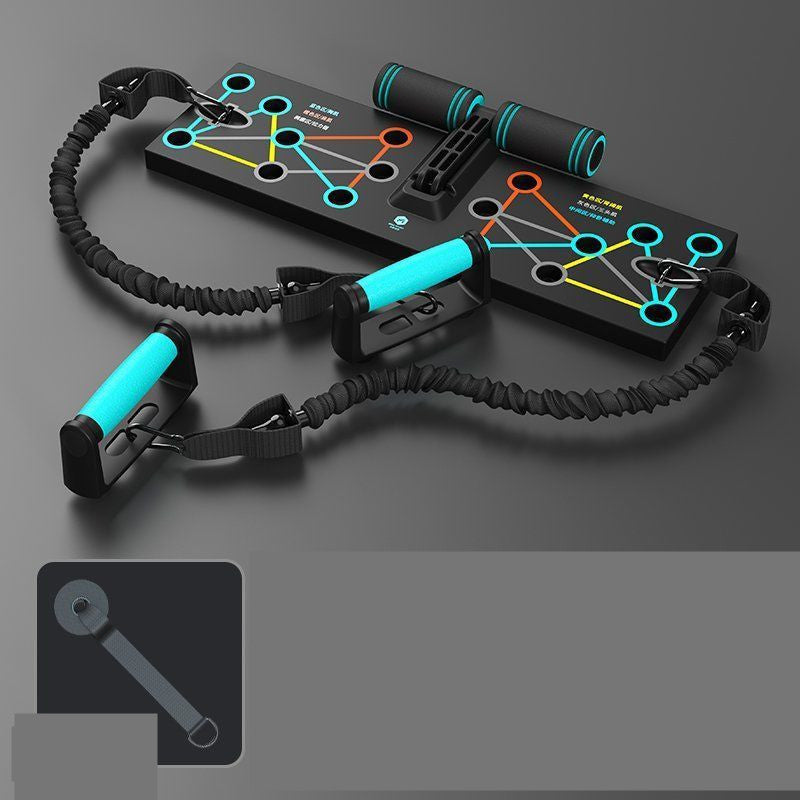 Black and turquoise resistance band trainer on a dark gray background