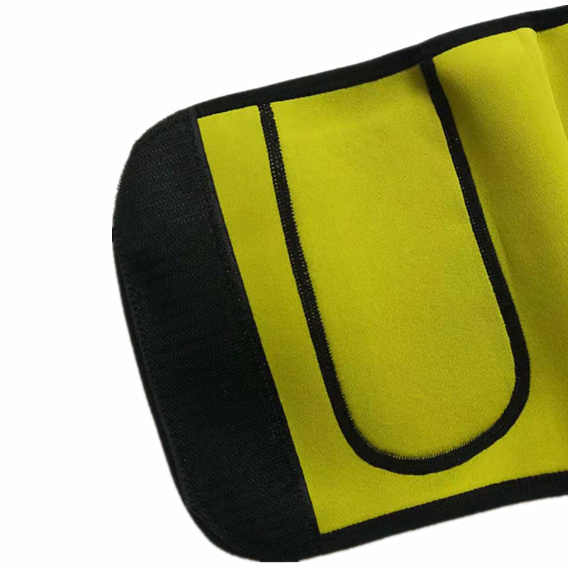 Neoprene waist trainer with black and yellow design on a white background