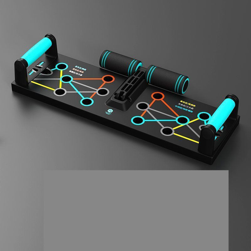 Black exercise board with colorful handles on a gray background