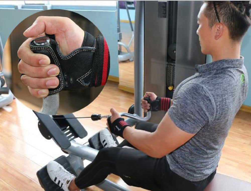 Person using gym equipment with close-up of wrist support glove