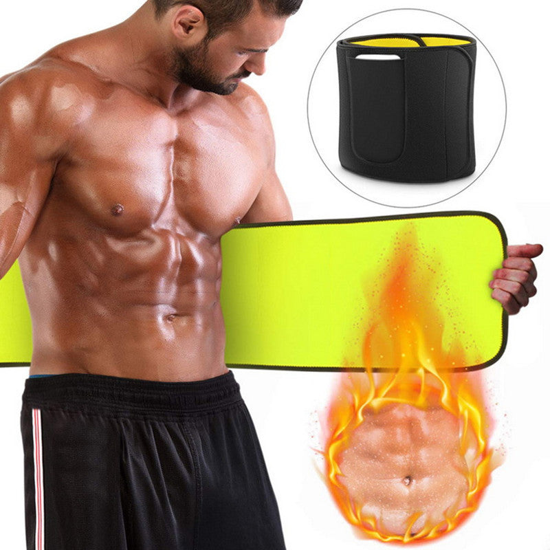 Man wearing a yellow waist trainer with inset images of the product and a fiery effect on his stomach.