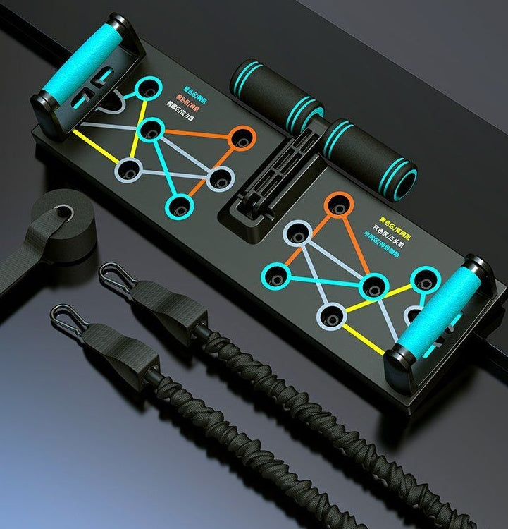 Black exercise device with blue and orange handles on a dark background